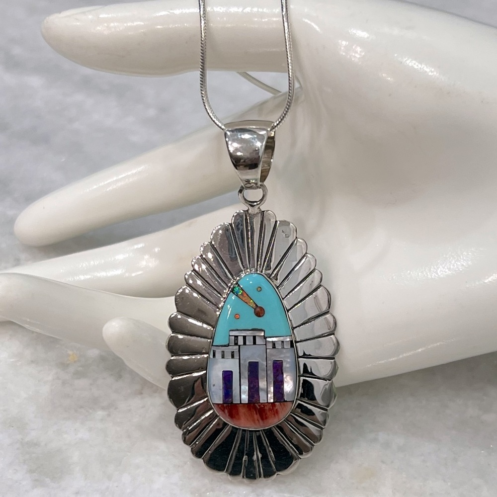 Santa Fe Style Large Turquoise Multigemstone Scenic Pendant Necklace